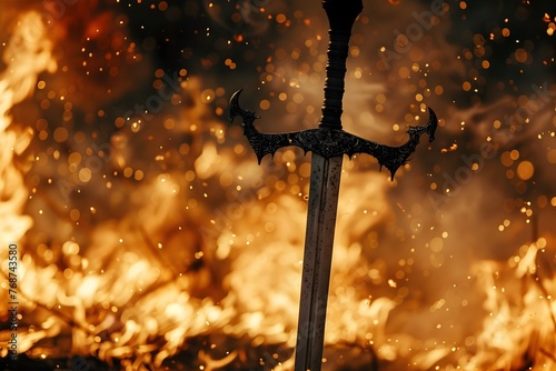 Fiery Sword Silhouette in Dramatic Medieval Fantasy Background
