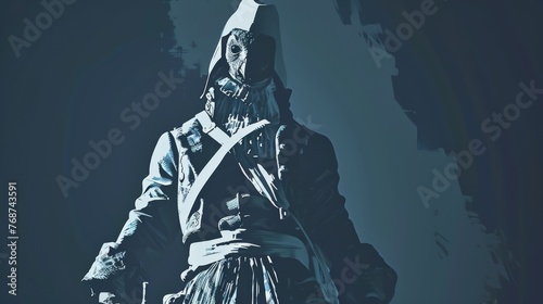  A man in a hood holds two knives