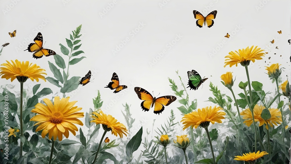 Yellow flowers with green leaves in watercolor style with butterflies
