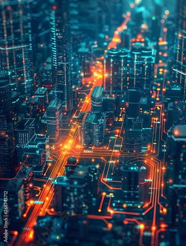 Futuristic Cyberpunk Cityscape with Glowing Lights and Interconnected Technology Network