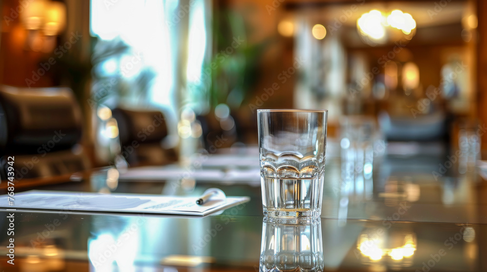 Crisp and detailed image of a drinking glass on a polished meeting room table, embodying professionalism