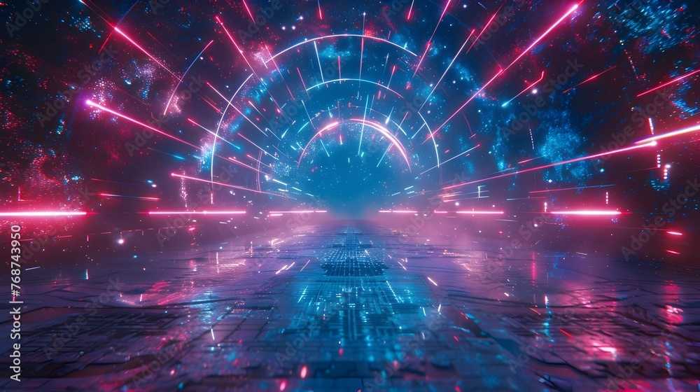 Glowing Neon Futuristic Portal with Laser Light Spectrum in Cosmic Universe