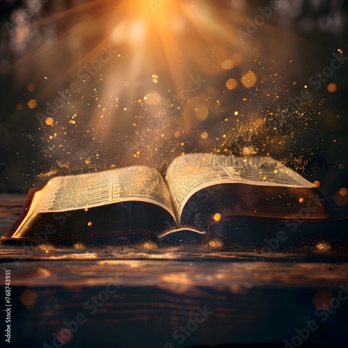 Glowing Holy Bible with Radiant Bokeh Particles Effects - Spiritual and Divine Enlightenment