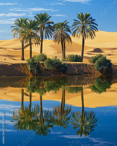 Striking image of palm trees beside a golden desert waterhole  reflecting a clear blue sky and creating a sense of oasis