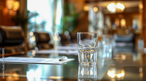 Crisp and detailed image of a drinking glass on a polished meeting room table, embodying professionalism