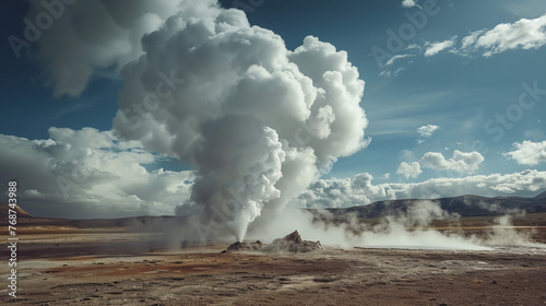 Dramatic landscape capturing the powerful eruption of a geothermal geyser amidst a vast, cloud-filled sky