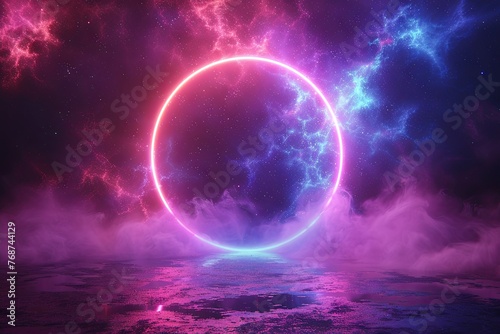 Abstract background with glowing neon blue and purple circle frame on black background. Magic light effect, energy flow or portal. Design element for poster, cover design, banner, card, flyer, present