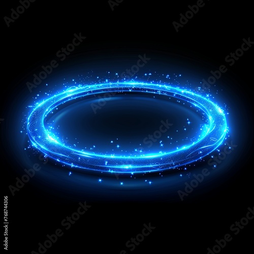 Blue glowing light ring frame on a black background illustration. A simple design with flat colors and no shadows in the style of art and graphics. Generative AI