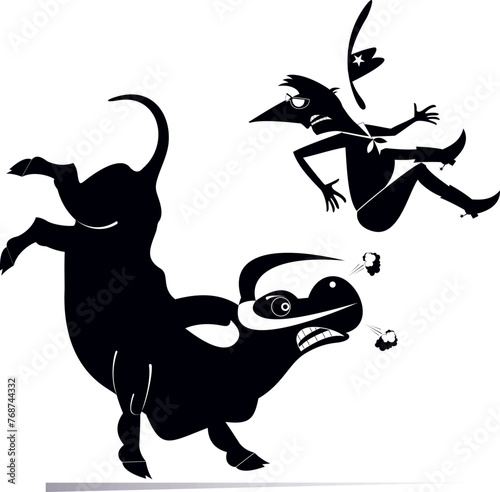 Rodeo. Cartoon rider falls from the bull. 
Angry bull kicks a confused long mustache man or cowboy. Black and white illustration
