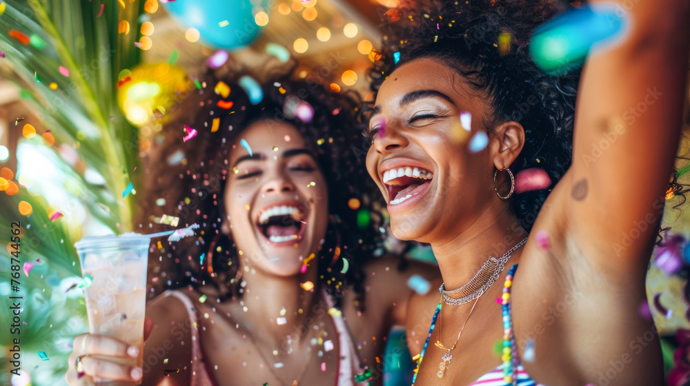 An energetic image of two women enjoying a festive atmosphere with colorful confetti and refreshing drinks An energetic image of two women enjoying a festive atmosphere with colorful confetti and refreshing drinks
