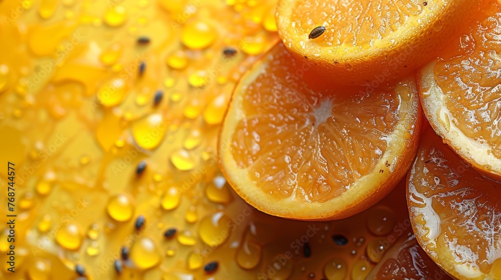 Oranges on a yellow table with water drops Oranges on a yellow table with water drops