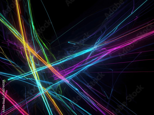 Abstract neon wallpaper with dynamic glowing lines on a black background drawing light. Concept Abstract Art, Neon Colors, Glowing Lines, Black Background design, Dynamic Wallpaper