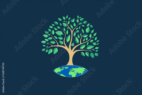 Graphic design of a green tree and blue earth, symbolizing the harmonious relationship between business and nature. photo