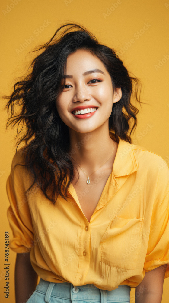 Smiling young asian woman in yellow shirt, isolated on yellow Smiling young asian woman in yellow shirt, isolated on yellow