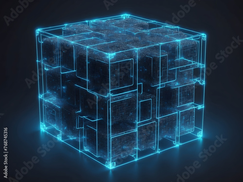 Abstract wireframe cube. Digital blockchain concept. Futuristic blue background with dots and lines design. 3D rendering