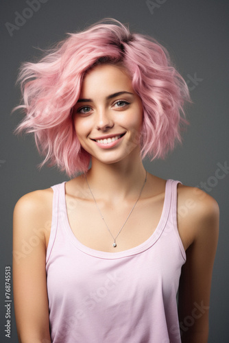 Portrait of a beautiful young woman with pink hair on gray background