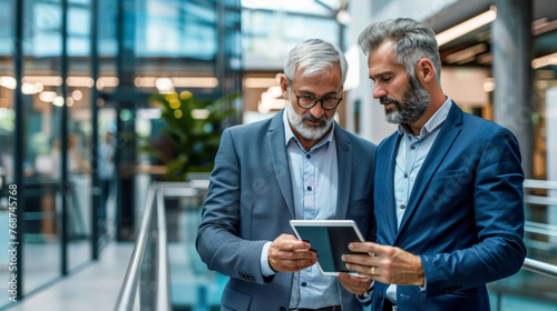 Blurred face image showing two executive men discussing over a tablet in a corporate environment with a modern architecture background