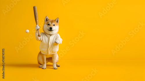 Energetic Shiba Inu Puppy Batting a Ball in a Vibrant Yellow Studio Setting