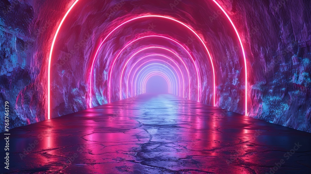 Fototapeta premium 3d render, abstract neon background with colorful glowing light rings in the dark tunnel, empty space for text or product presentation mock up. Generative AI