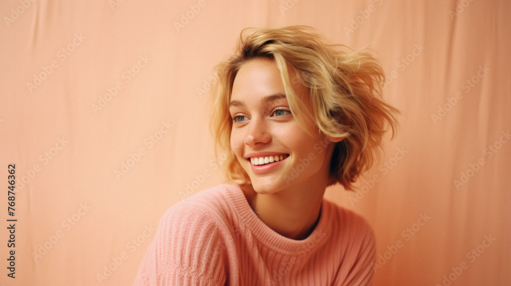 Portrait of a young beautiful woman with blond hair in a pink sweater Portrait of a young beautiful woman with blond hair in a pink sweater