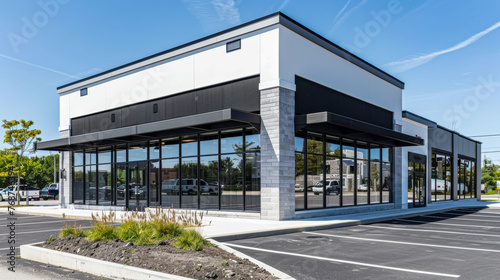 A standalone modern commercial building with a new, empty parking lot in a suburban setting