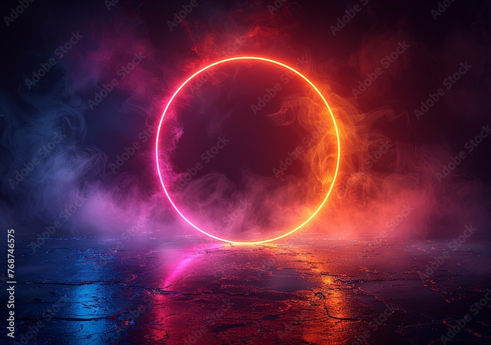 Abstract background with glowing neon light rings on a black background illustration. Glowing circular frame design element for text, logo or title presentation. Generative AI