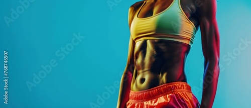 black fitness woman model strong ABS, african american fitness female body in colorful sportswear banner, sexy athletic girl workout, sports concept, copy space, blue background, with space for text
