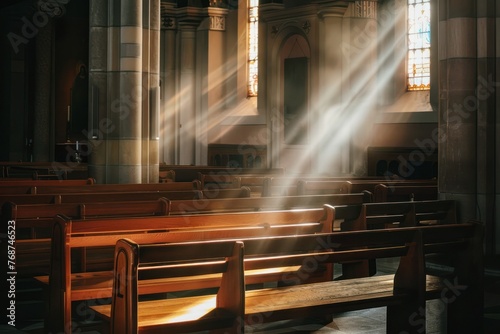 beautiful sun light coming through the church window, catholic church with wooden church pews