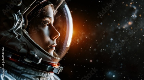 Fototapeta Naklejka Na Ścianę i Meble -  female girl astronaut face wearing a space suit in space on planet orbit