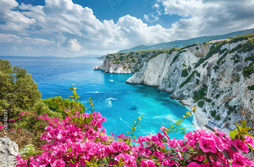 Stunning view of Zante Island with a blue lagoon and white beach in Cape, pink flowers on cliffs, luxury boat tour to far islands