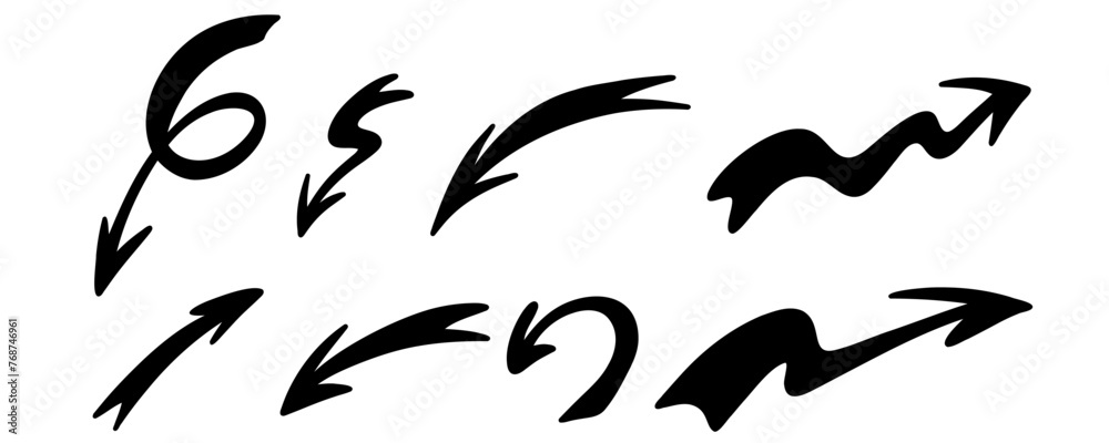 Sketch marker arrows set. Hand drawn brush arrow check mark underline. Vector freehand illustration on white background. Sketch marker arrows set. Hand drawn brush arrow check mark underline. Vector freehand illustration on white background.