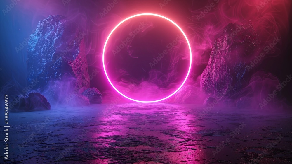 abstract background with neon light rings, purple and blue colors, dark gradient in the center of the circle in the style of black gradient. Generative AI