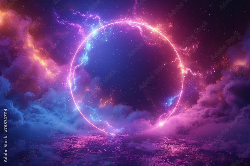 Abstract blue and purple glowing ring frame on a black background illustration design with space for text, 3D rendering effect. Magic circle logo or banner template in the style of science concept. Ge Abstract blue and purple glowing ring frame on a black background illustration design with space for text, 3D rendering effect. Magic circle logo or banner template in the style of science concept. Ge