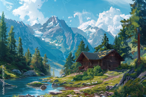 Mountain Retreat: a scene of a cozy cabin nestled in the mountains, surrounded by lush greenery and towering pine trees