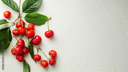 Fresh acerola cherries on plain textured bright background with copy space for text. 