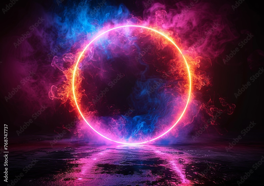 Abstract blue and purple glowing ring frame on a black background illustration design with space for text, 3D rendering effect. Magic circle logo or banner template in the style of science concept. Ge Abstract blue and purple glowing ring frame on a black background illustration design with space for text, 3D rendering effect. Magic circle logo or banner template in the style of science concept. Ge