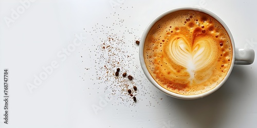 Perfect heart shaped cappuccino foam on white background with copy space for cafe menu or social media post