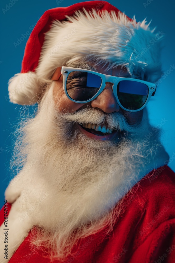 Portrait of Santa Claus with sunglasses isolated on blue background Portrait of Santa Claus with sunglasses isolated on blue background
