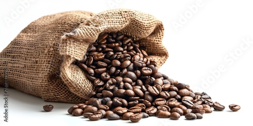 Burlap Sack Filled With Fresh Roasted Coffee Beans on Plain White Background © Thares2020