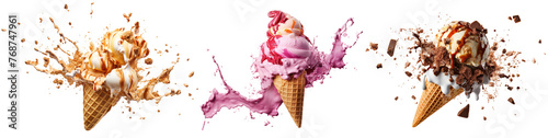 Set of delicious ice cream explosions, cut out photo