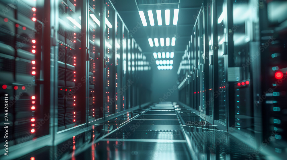 Obraz premium Advanced technology server room with rows of illuminated racks providing a glimpse into the digital data storage and management