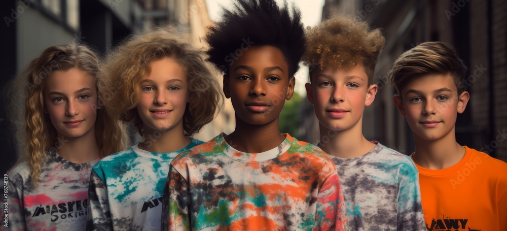 Obraz premium young boys and girls with brown hair and brown t-shirts are standing together