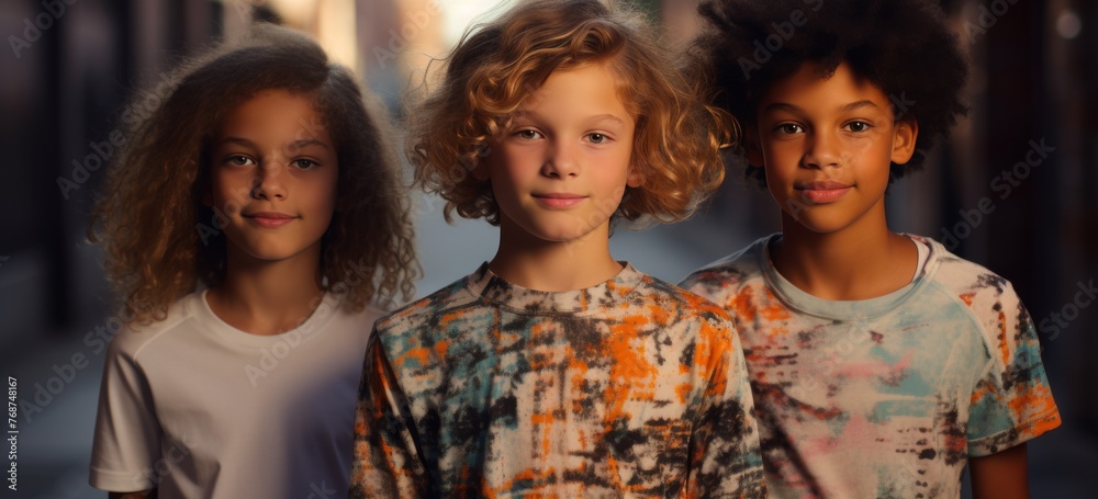 Fototapeta premium young boys and girls with brown hair and brown t-shirts are standing together