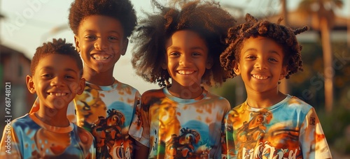 young boys and girls with brown hair and brown t-shirts are standing together photo