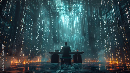A dark room with binary code and data flowing in the air. A computer screen on a table in the center of the scene. A person sitting at a desk looking into the camera in a futuristic style. Generative 