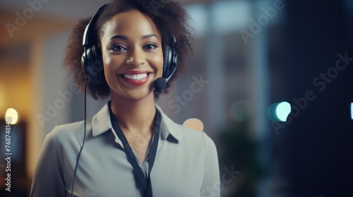 Joyful Black Female Call Center Agent Using Microphone for Customer Support or CRM Advisory Generative AI