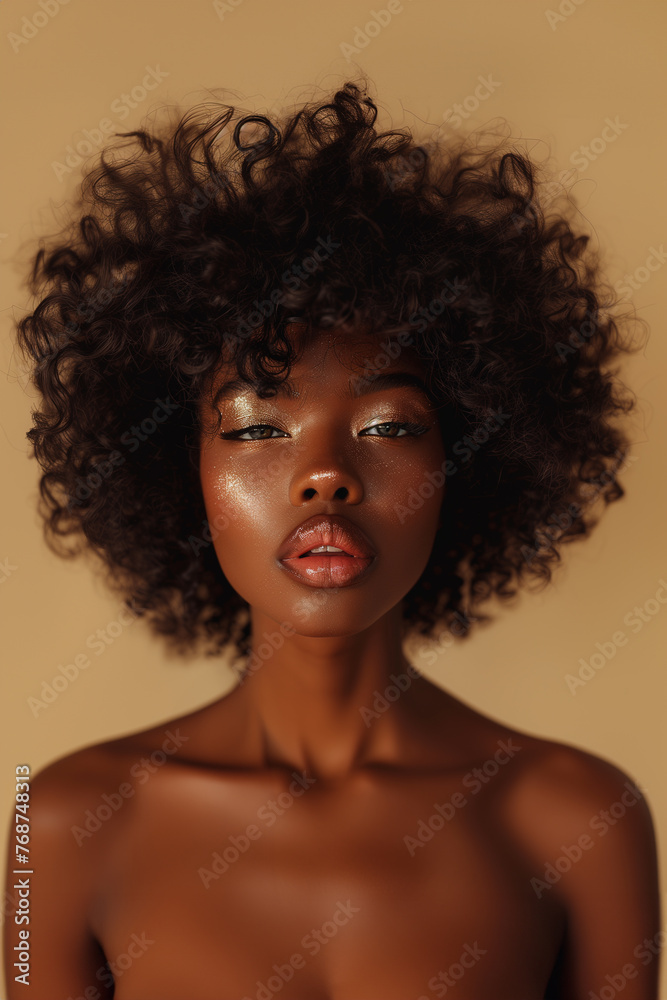 Face of  beautiful black woman, African American woman with glam makeup, showcasing her perfect lip shape and color using rose gold lipstick. The focus is on the soft pink gloss finish