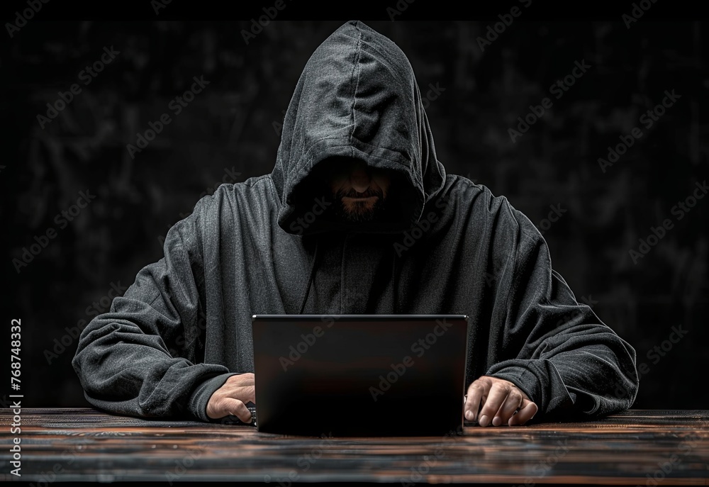 A hacker in a black hoodie sitting at a table with a laptop computer against a dark background. Soft studio lighting, with highly detailed, fine details in the style of stock photo quality photography A hacker in a black hoodie sitting at a table with a laptop computer against a dark background. Soft studio lighting, with highly detailed, fine details in the style of stock photo quality photography