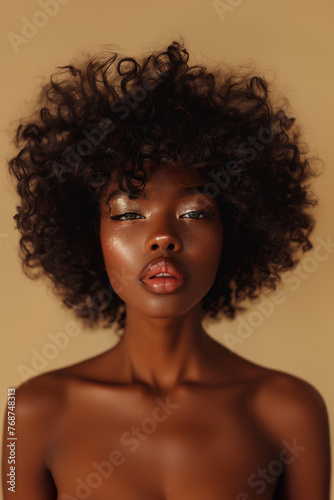 Face of beautiful black woman, African American woman with glam makeup, showcasing her perfect lip shape and color using rose gold lipstick. The focus is on the soft pink gloss finish