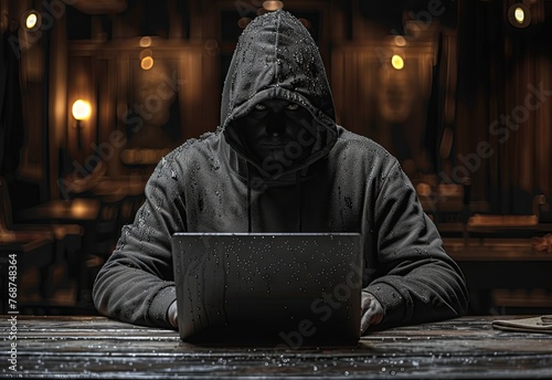 A hacker in a black hoodie sitting at a table with a laptop computer against a dark background. Soft studio lighting, with highly detailed, fine details in the style of stock photo quality photography